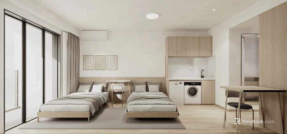 Modern Minimalist Hotel Guest Room With Twin Beds Wooden Cabinets Kitchenette And Decorative Paintings 3d model 