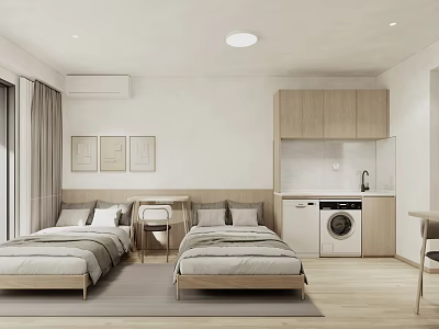 Modern Minimalist Hotel Guest Room With Twin Beds Wooden Cabinets Kitchenette And Decorative Paintings 3d model