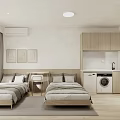 Modern Minimalist Hotel Guest Room With Twin Beds Wooden Cabinets Kitchenette And Decorative Paintings