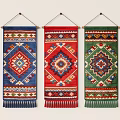 Three Colorful Decorative Wall Hangings With Geometric Patterns And Tassel Details