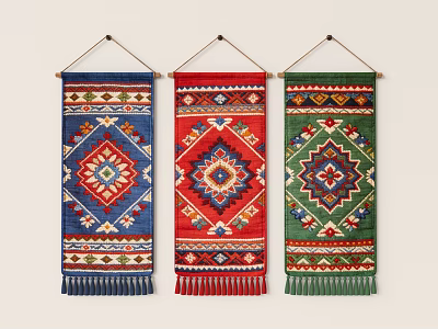 Three Colorful Decorative Wall Hangings With Geometric Patterns And Tassel Details 3d model