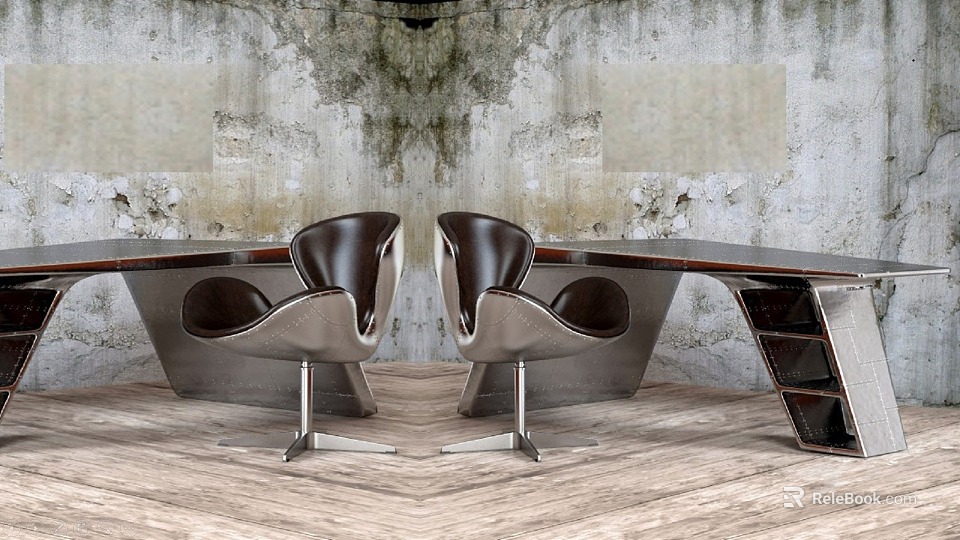 Stylish Modern Desk With Leather Chairs Metal Legs And Concrete Wall On Wooden Floor 3d model 