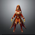 Fantasy Female Character In Red And Gold Ornate Costume With Long Hair Design