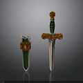 Decorative Green And Orange Swords With Ornate Handles And Sheaths