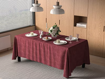 Cozy Dining Table With Red Tablecloth Tableware Candles And Flower Bouquet By Wooden Cabinets 3d model