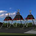 Tipi Shaped Entrance Gate With Decorative Patterns And Bear Statues Under Blue Sky 3d model