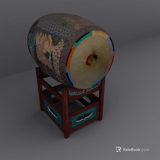 Traditional Decorative Drum On Wooden Stand With Colorful Patterns And Drawers 3d model 