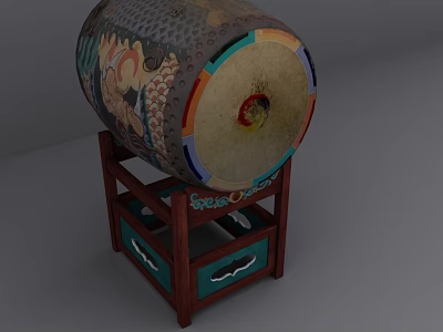 Traditional Decorative Drum On Wooden Stand With Colorful Patterns And Drawers 3d model