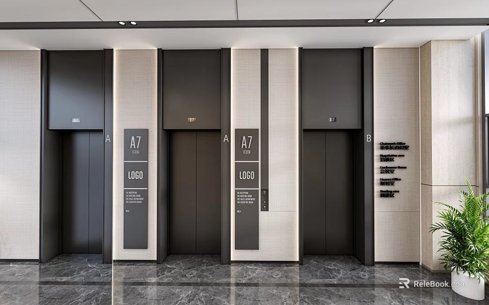 Modern Hotel Elevator Lobby With Dark Elevator Doors Marble Flooring And Decorative Panels 3d model 