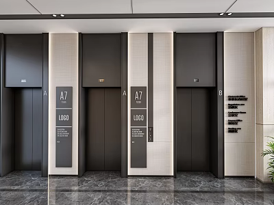 Modern Hotel Elevator Lobby With Dark Elevator Doors Marble Flooring And Decorative Panels 3d model
