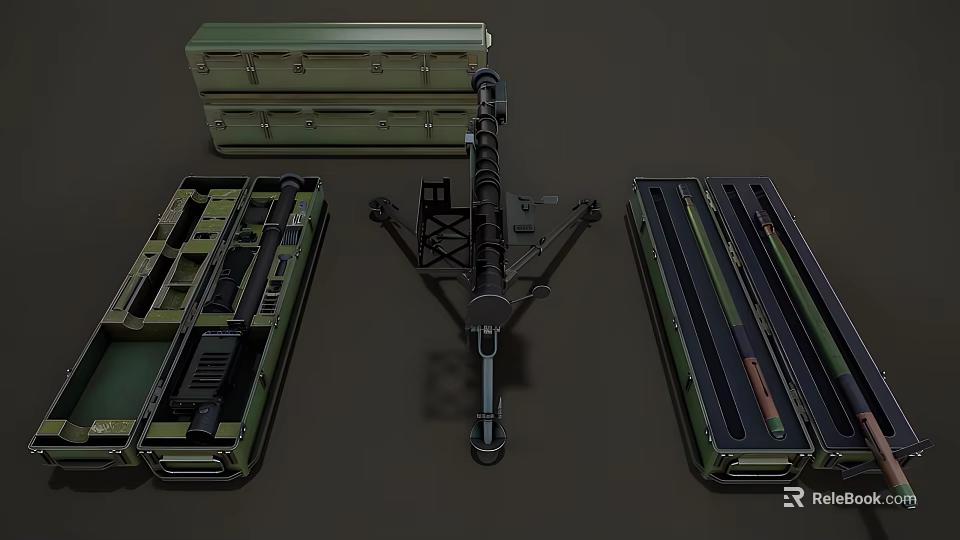 Military Weapon Displayed With Open Green Cases Components And Tripod Stand 3d model