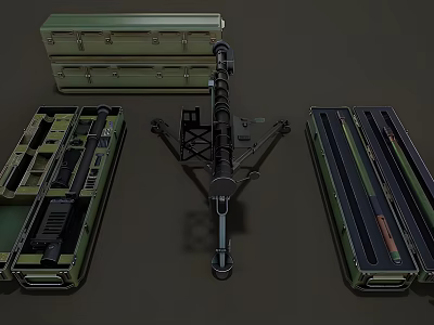 Military Weapon Displayed With Open Green Cases Components And Tripod Stand 3d model