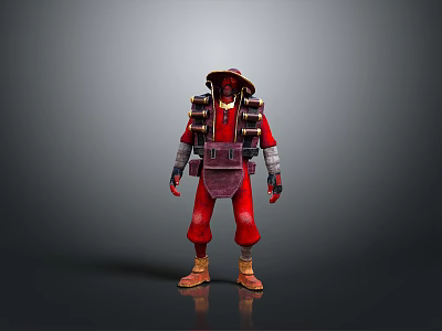 Red Costume Character Wearing Hat Carrying Backpack Standing Against Gray Background 3d model
