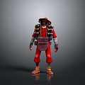 Red Costume Character Wearing Hat Carrying Backpack Standing Against Gray Background