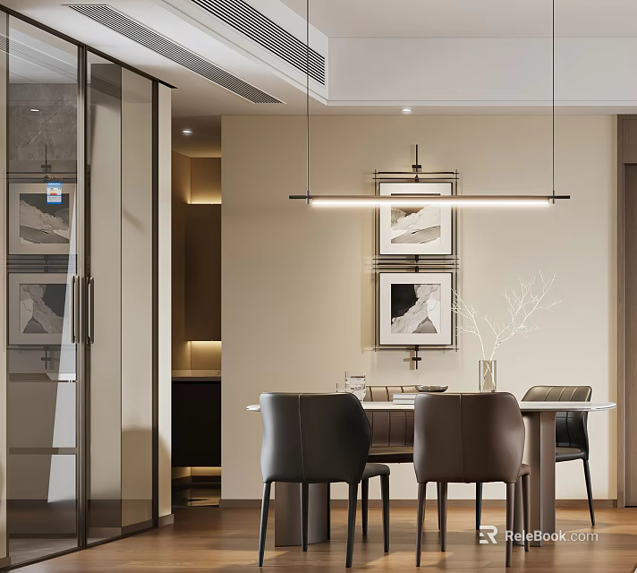 Elegant Modern Restaurant Interior With Dining Table Chairs Pendant Light And Decorative Paintings 3d model 