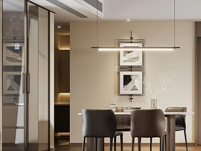 Elegant Modern Restaurant Interior With Dining Table Chairs Pendant Light And Decorative Paintings 3d model