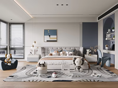 Modern Kids Bedroom With Plush Toys Bed And Cozy Rug 3d model