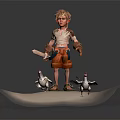 Game Movie Character Blonde Boy In White Shirt Brown Shorts Holding Wooden Mallet With Chickens