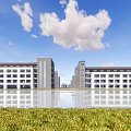 Modern School Building With White Exterior Wooden Structure And Reflection Pool Under Blue Sky
