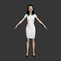 Woman In White Dress With High Heels Standing Arms Outstretched On Black Background