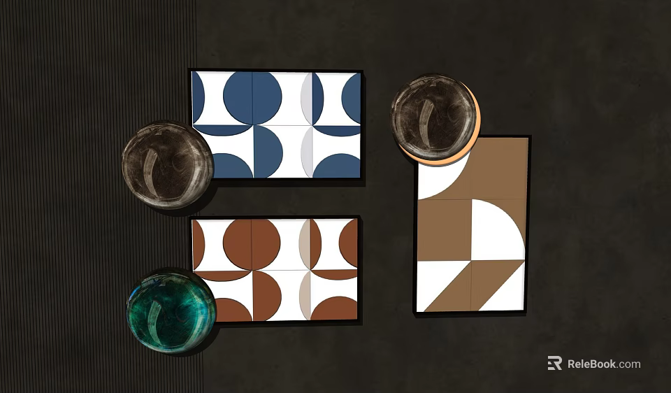 Modern Geometric Wall Art With Blue Brown White Abstract Patterns And Decorative Elements 3d model 