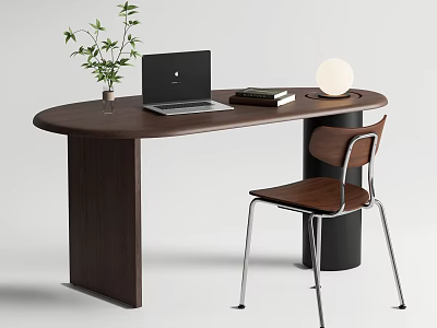 Oval Wooden Desk With Laptop Books Round Lamp Potted Plant And Wooden Chair 3d model