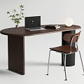 Oval Wooden Desk With Laptop Books Round Lamp Potted Plant And Wooden Chair