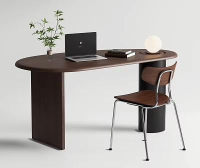 Oval Wooden Desk With Laptop Books Round Lamp Potted Plant And Wooden Chair 3d model
