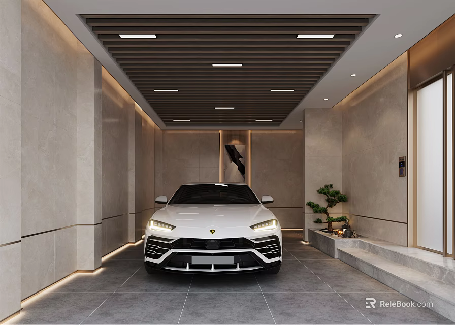 Modern Parking Garage With White Luxury Car Gray Walls Linear Lights And Plants 3d model 