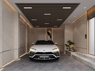 Modern Parking Garage With White Luxury Car Gray Walls Linear Lights And Plants 3d model