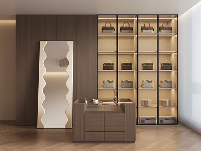 Modern Luxury Walk in Closet with Shelves Handbags Wavy Mirror and Drawer Cabinet 3d model