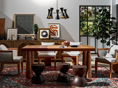 Natural Style Dining Table Set With Wooden Table Armchairs Pendant Lights And Wall Art Decor 3d model