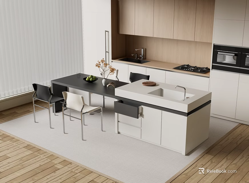 Modern Kitchen Island Bar Counter With Wooden Cabinets White Countertop And Chairs 3d model 