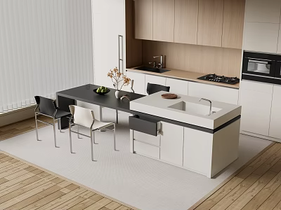 Modern Kitchen Island Bar Counter With Wooden Cabinets White Countertop And Chairs 3d model