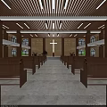 Religious Church Interior With Wooden Pews Cross High Ceiling And Windows
