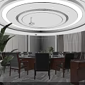 Modern Conference Room with Circular Ceiling Lighting Large Screen Wooden Table Black Chairs Green Plants