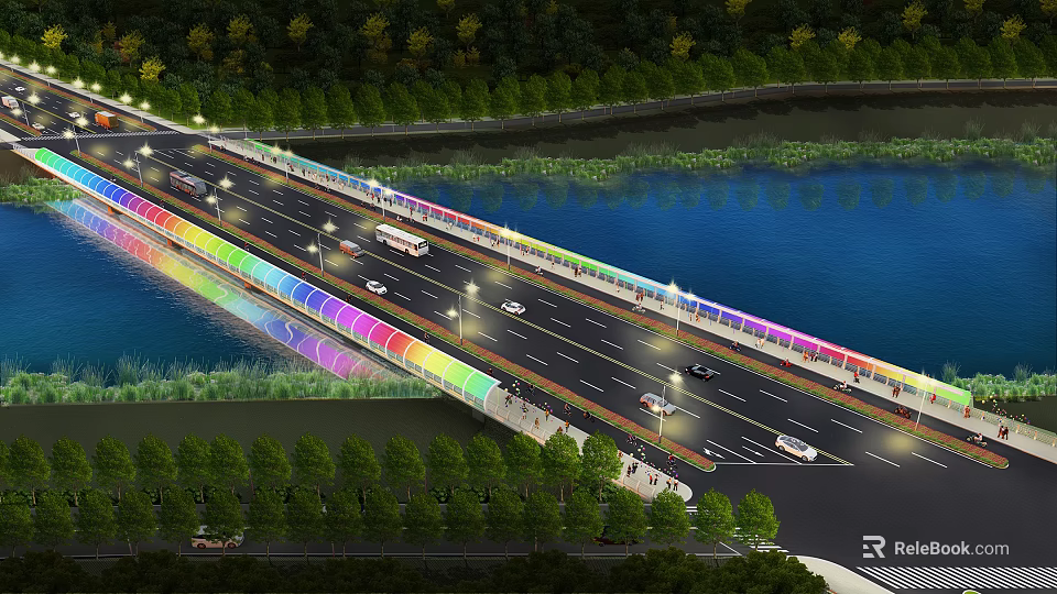 Modern Bridge Illuminated with Colorful Lights Over Water Surrounded by Green Trees and Vehicles 3d model 