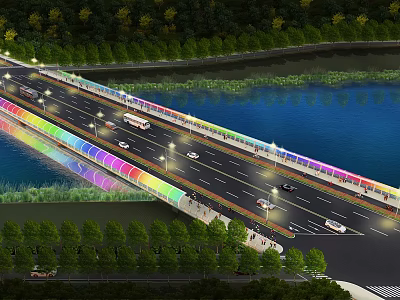 Modern Bridge Illuminated with Colorful Lights Over Water Surrounded by Green Trees and Vehicles 3d model