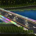 Modern Bridge Illuminated with Colorful Lights Over Water Surrounded by Green Trees and Vehicles