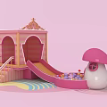 Pink Children Play Structure With Wooden Steps Slide And Mushroom Shaped Ball Pit