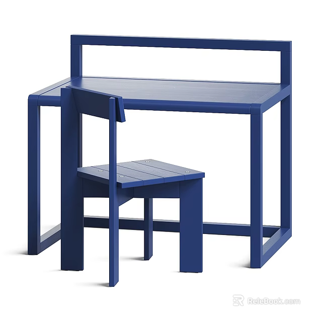 Modern Blue Desk With Matching Stool And Simple Wooden Structure Design 3d model 