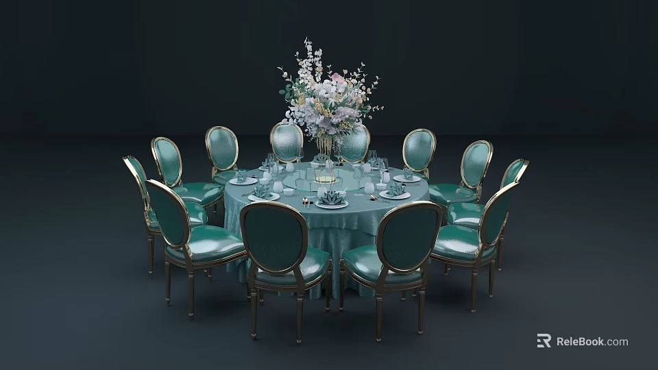 Elegant Round Dining Table Set with Blue Upholstered Chairs Gold Legs and Floral Centerpiece 3d model 