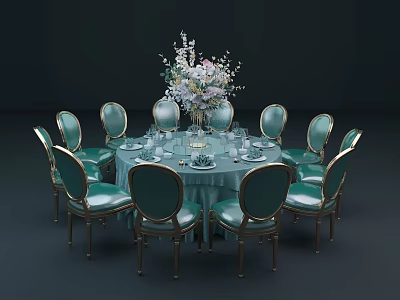 Elegant Round Dining Table Set with Blue Upholstered Chairs Gold Legs and Floral Centerpiece 3d model