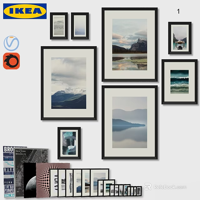 Modern Picture Frames Gallery Wall With Multiple Sizes And Scenic Mountain Ocean Prints 3d model