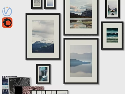 Modern Picture Frames Gallery Wall With Multiple Sizes And Scenic Mountain Ocean Prints 3d model