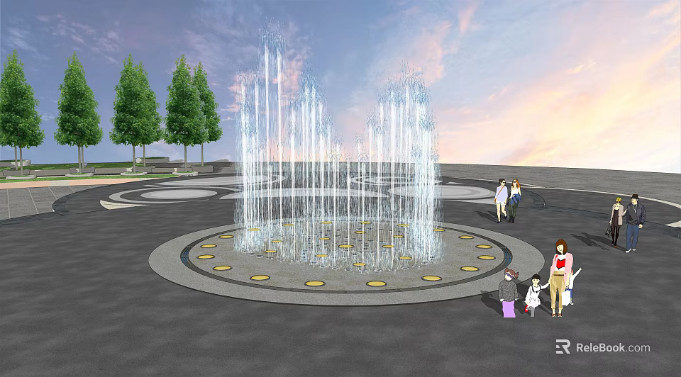 Circular Fountain Featuring Water Jets And Surrounding Lights In Evening Park With Families 3d model 