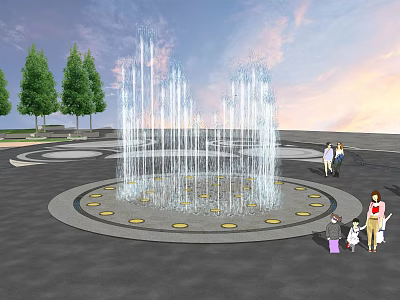 Circular Fountain Featuring Water Jets And Surrounding Lights In Evening Park With Families 3d model