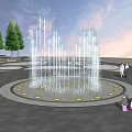 Circular Fountain Featuring Water Jets And Surrounding Lights In Evening Park With Families