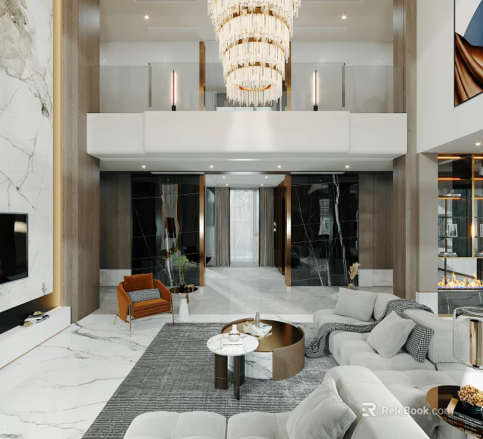 Modern Duplex Living Room Interior Design With Open Layout Marble Floor And Chandelier 3d model 