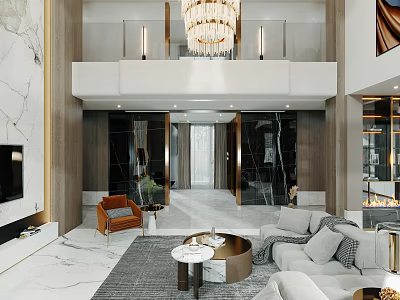 Modern Duplex Living Room Interior Design With Open Layout Marble Floor And Chandelier 3d model